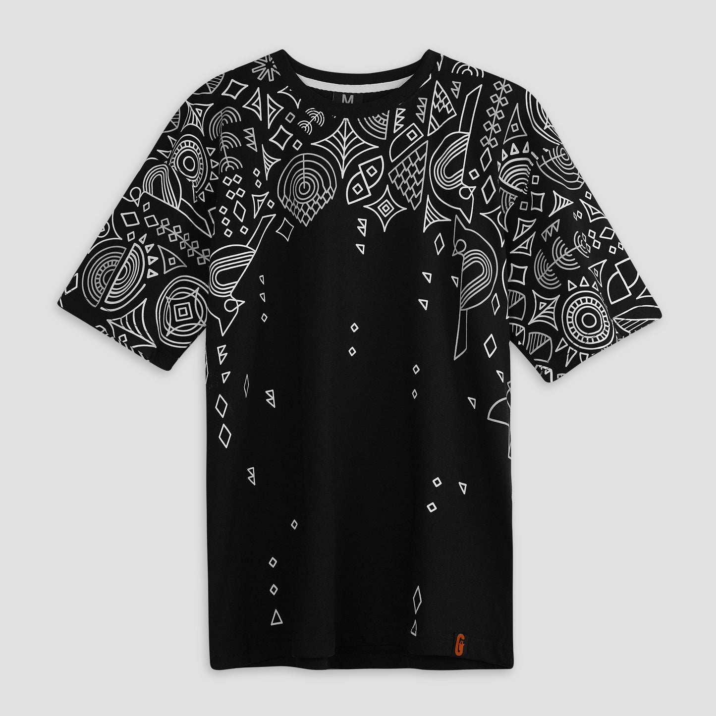 Black oversized unisex t-shirt with artistic back print, 100% cotton essential.