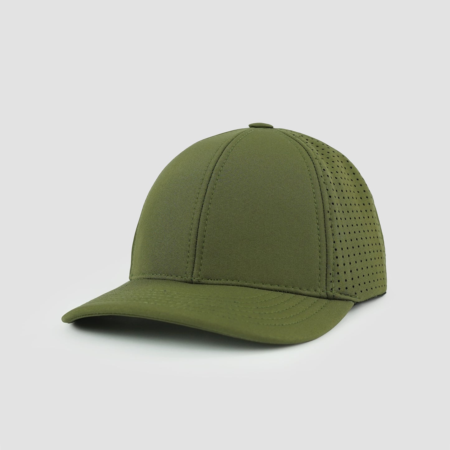 Olive green softshell baseball cap with "Adventure Awaits" laser-cut design