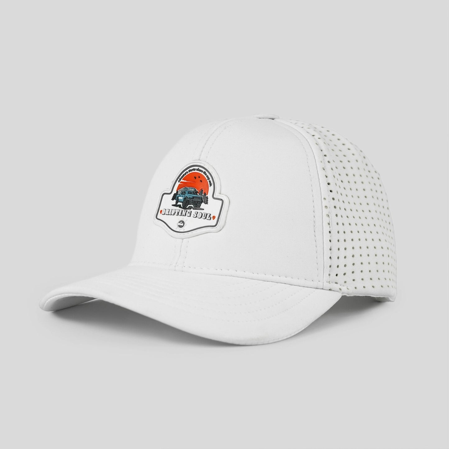White baseball cap with a logo on a light gray background