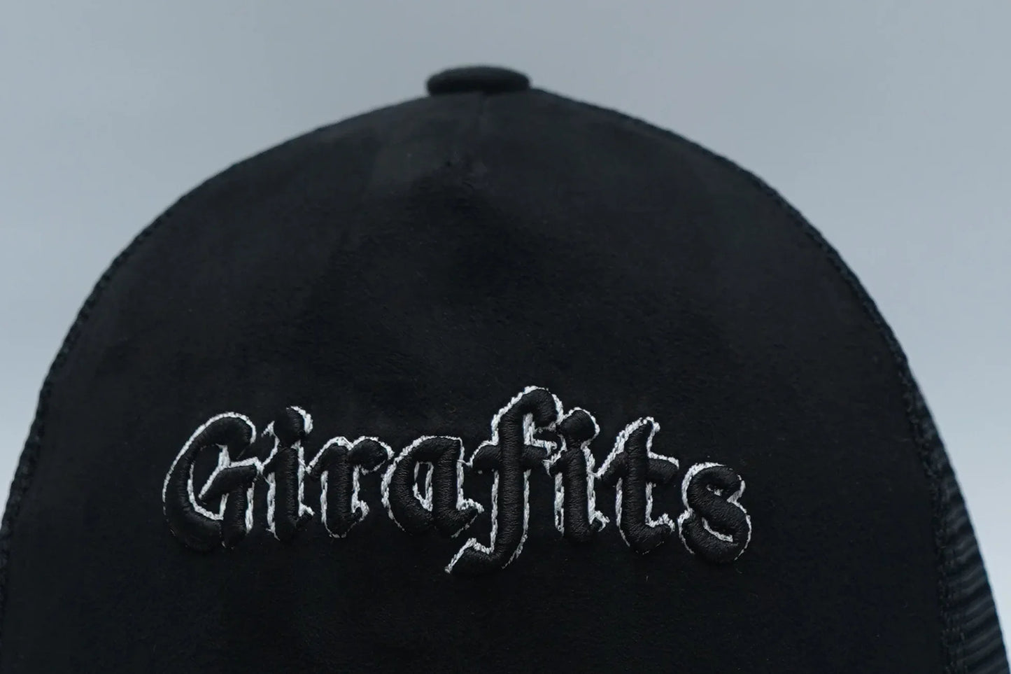 Black trucker cap, suede front, Girafits 3D embroidery, signature design