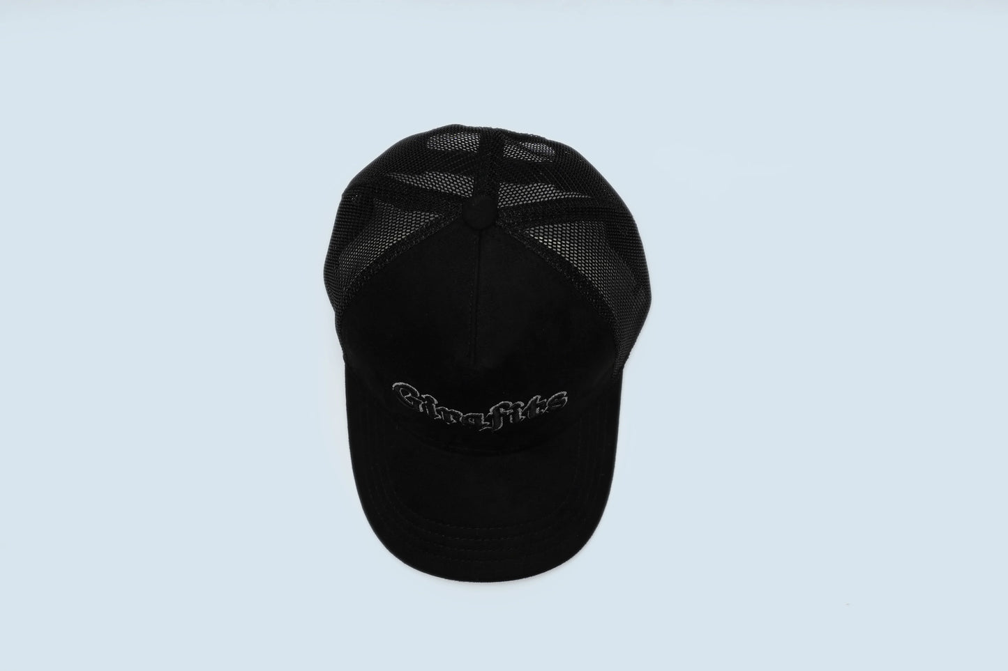 Premium box cap, black suede trucker, Girafits 3D embroidery