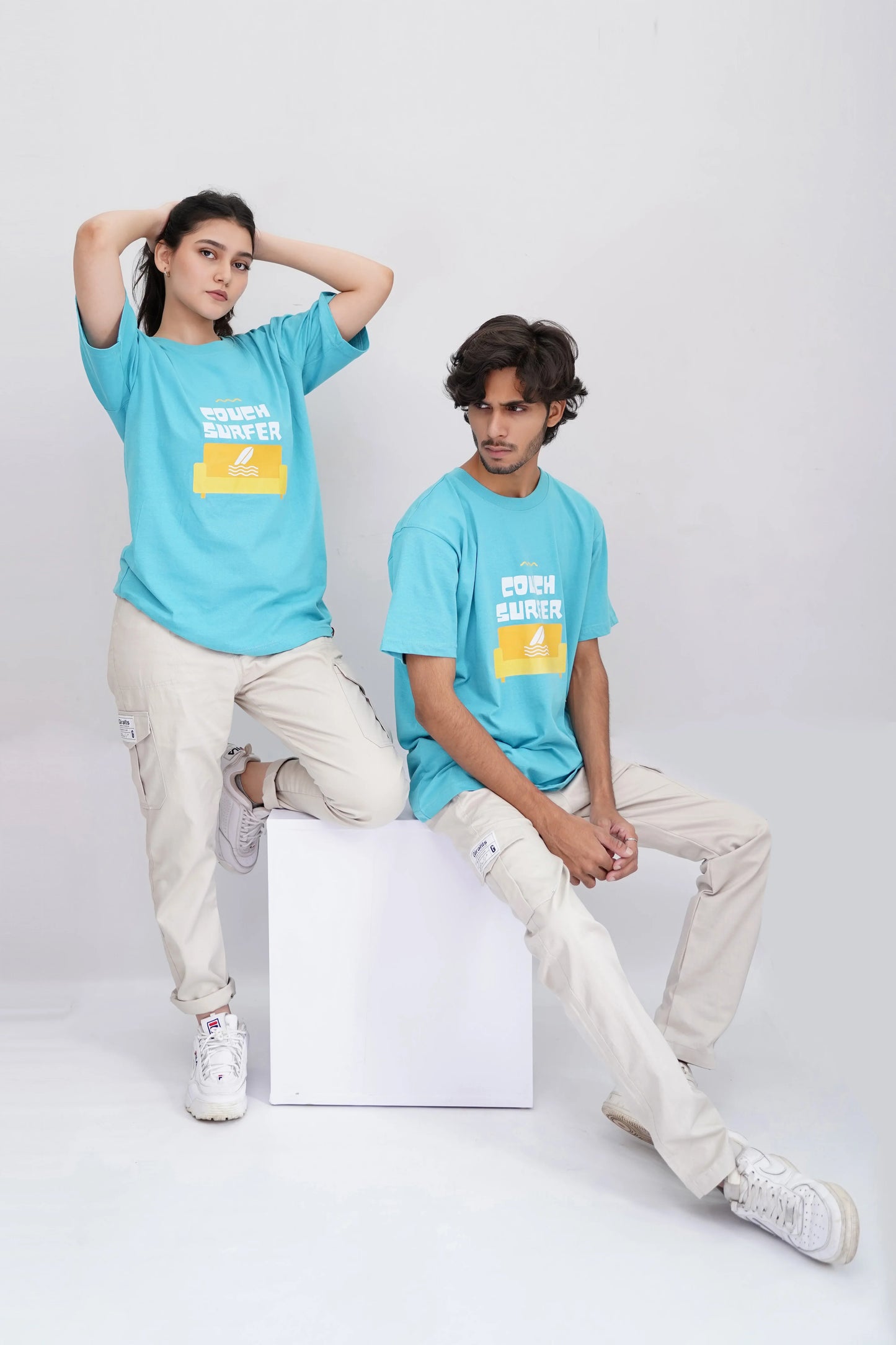 Oversized blue t-shirt, "Couch Surfer" print, 220 GSM