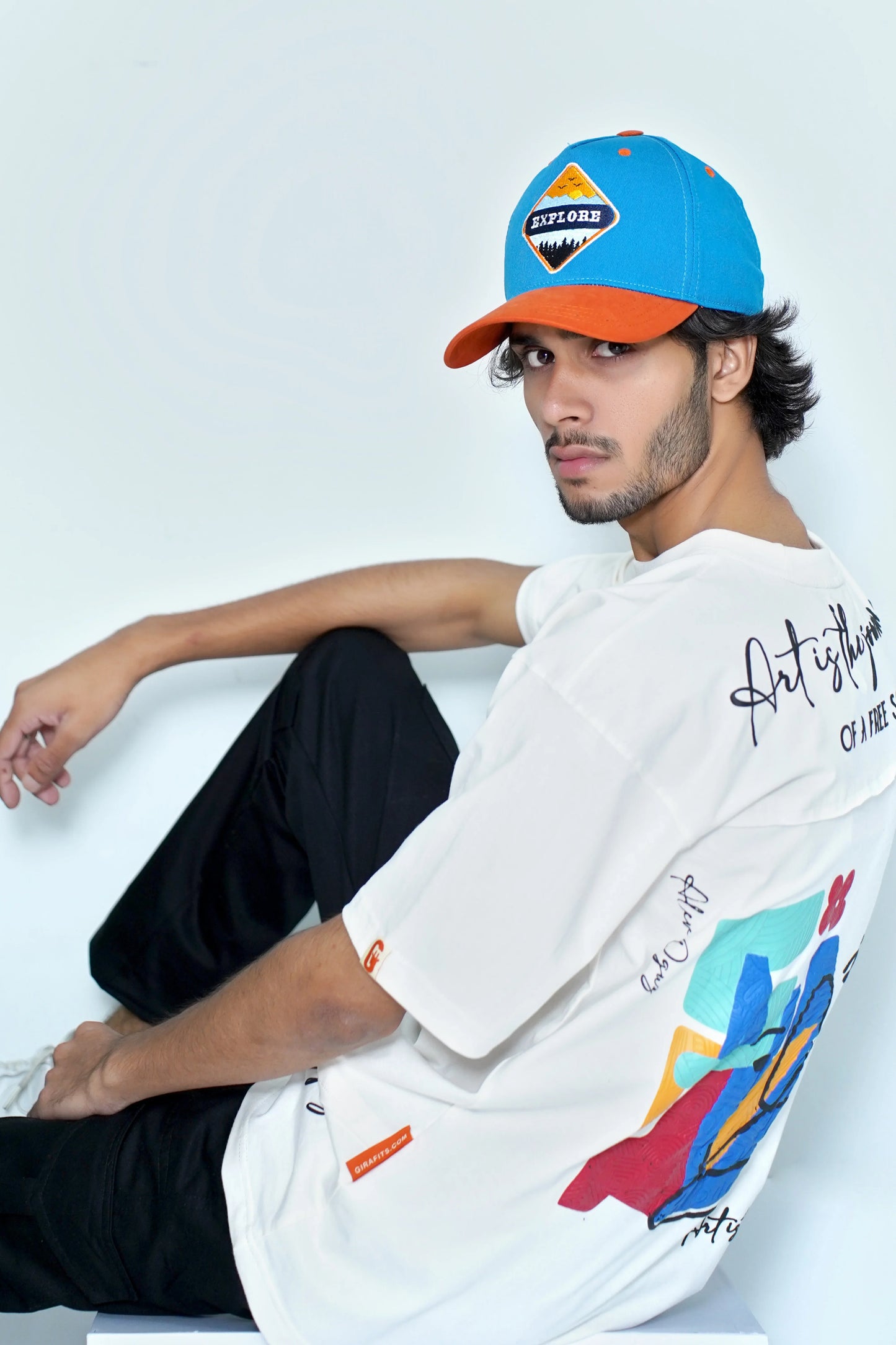 Explorer patch baseball cap in dark blue and orange, premium box packing