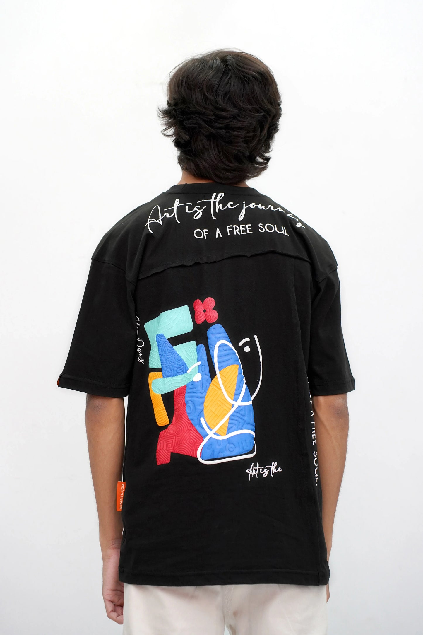 Graffiti art on oversized black t-shirt, 100% cotton, Free Soul design on back