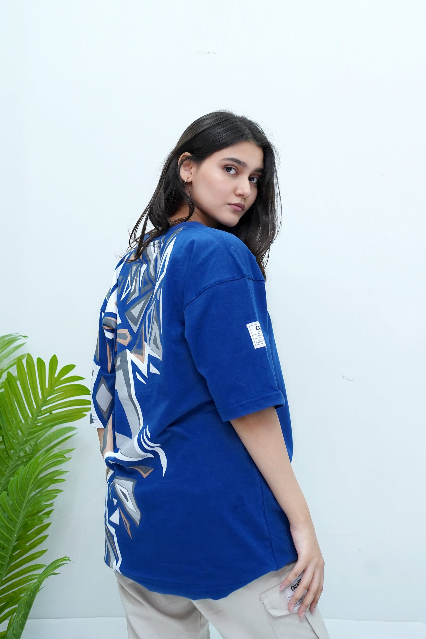 Unisex oversized blue t-shirt, abstract design front and back