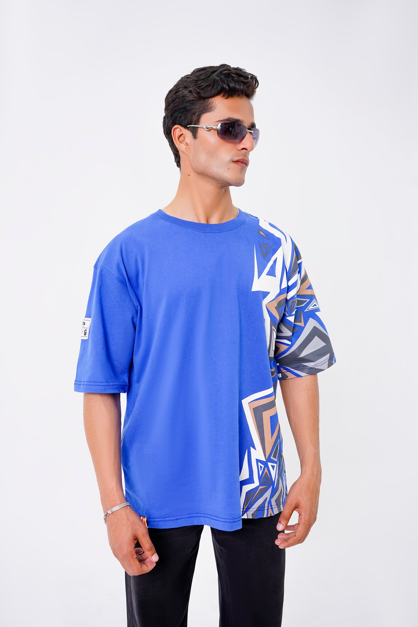 Unisex oversized blue t-shirt, abstract design front and back