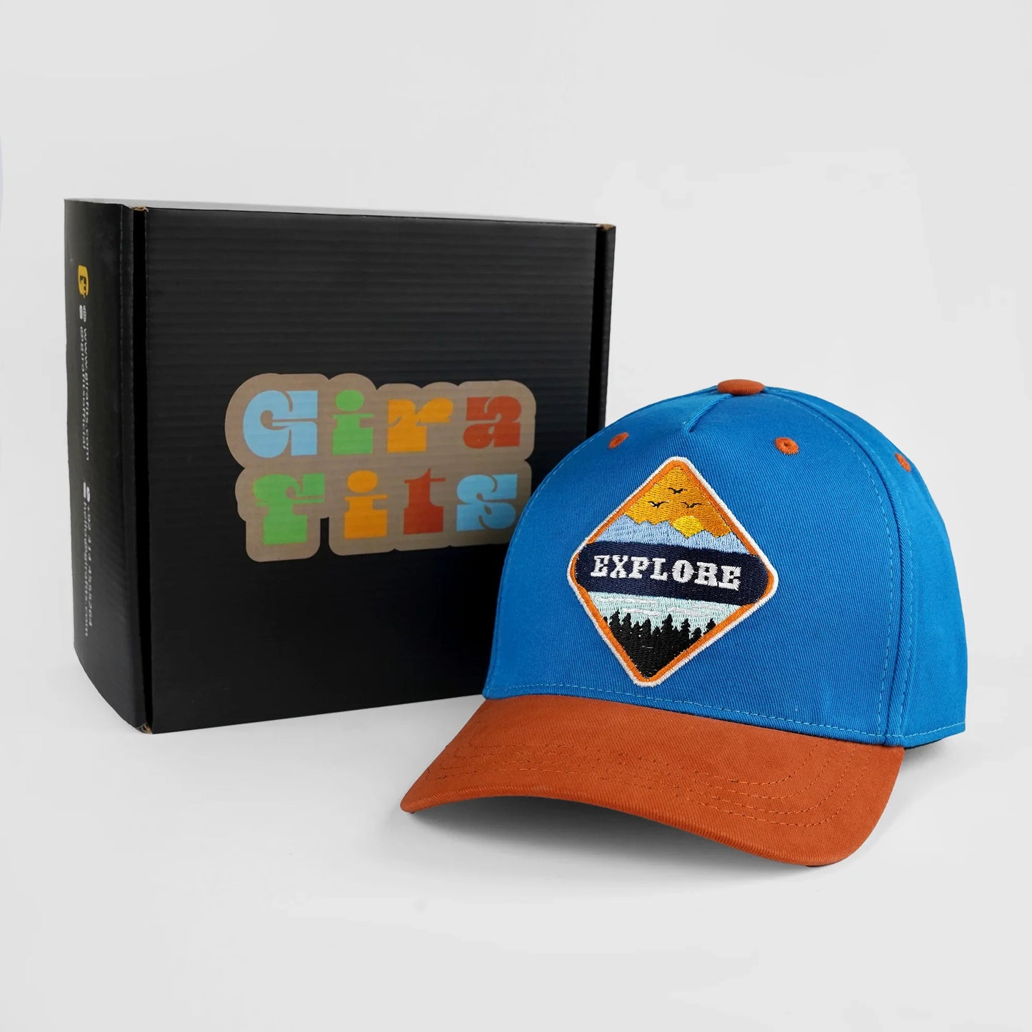 Explorer baseball cap with orange and dark blue design