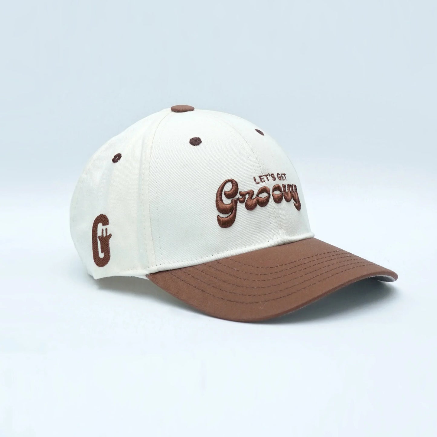 -"Let's Get Groovy" embroidered cap in cream and chocolate brown