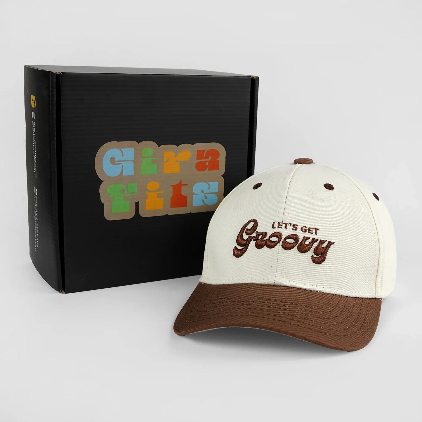 -"Let's Get Groovy" embroidered cap in cream and chocolate brown