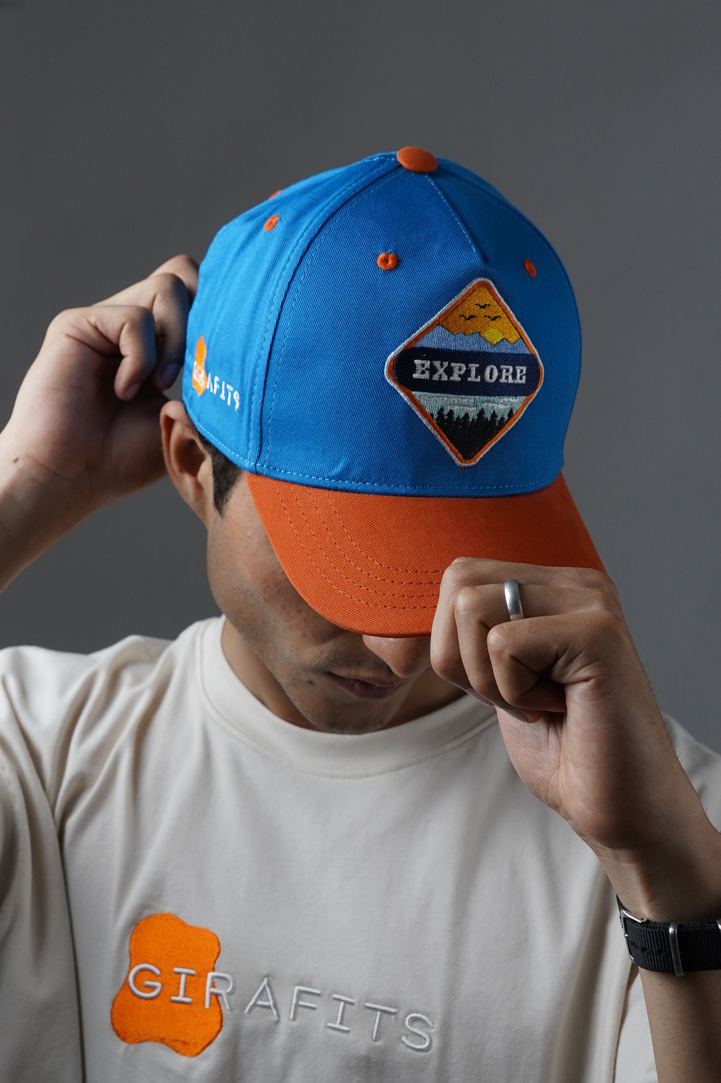 Explorer embroidery patch baseball cap in zinc and orange, premium box packing