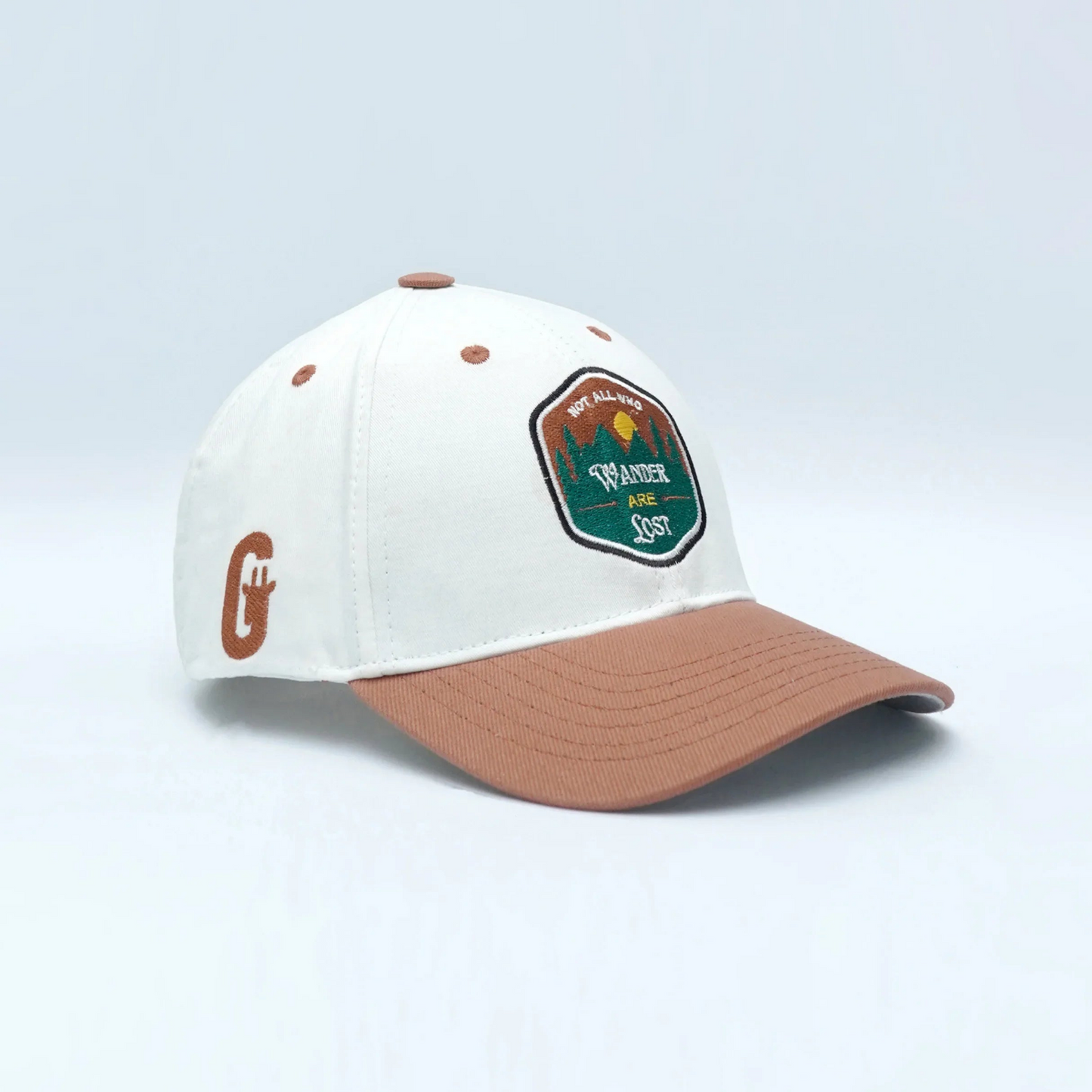 Off-white and brown "Wanderer" cap, premium packaging