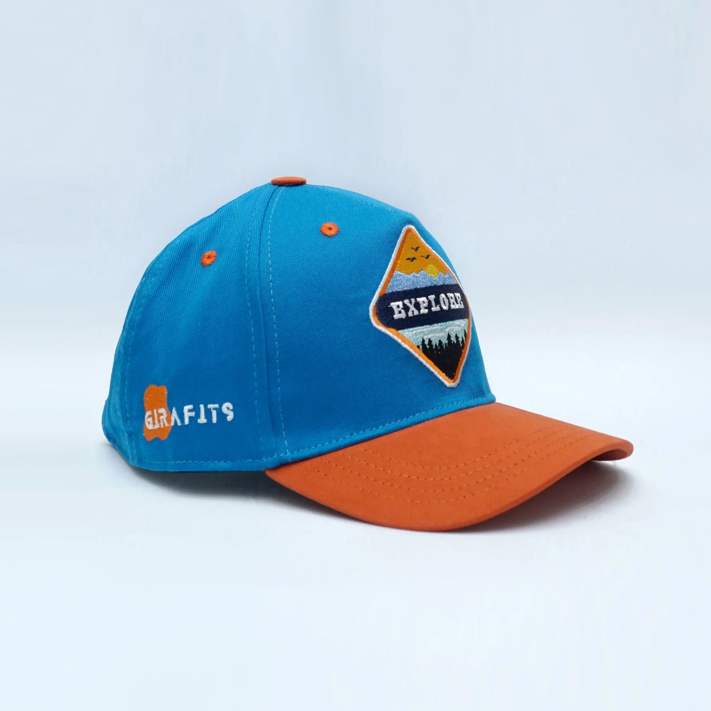 Explorer patch baseball cap in dark blue and orange, premium box packing
