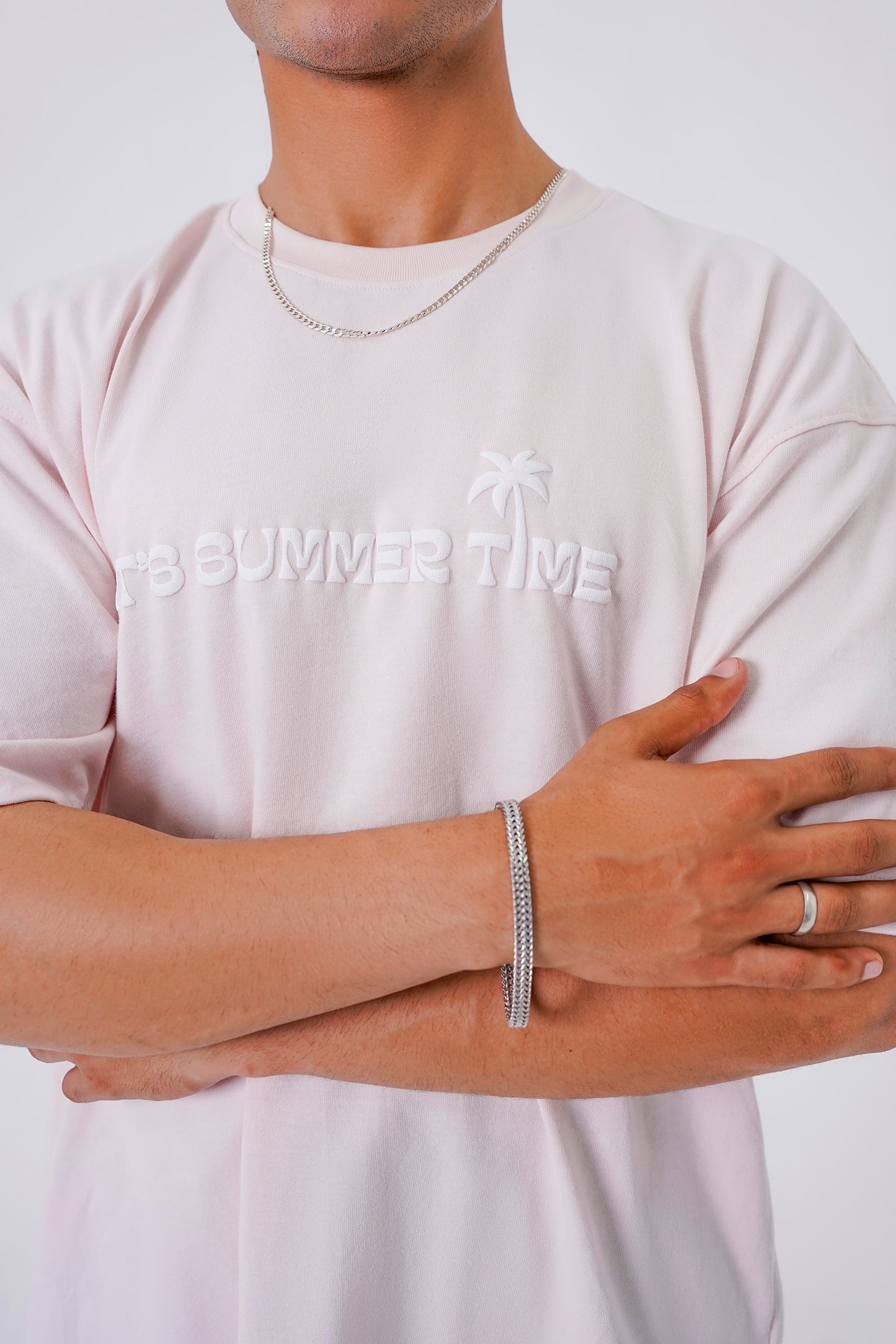 Pink oversized Summer Vibes t-shirt, 240 GSM cotton, with tree print back