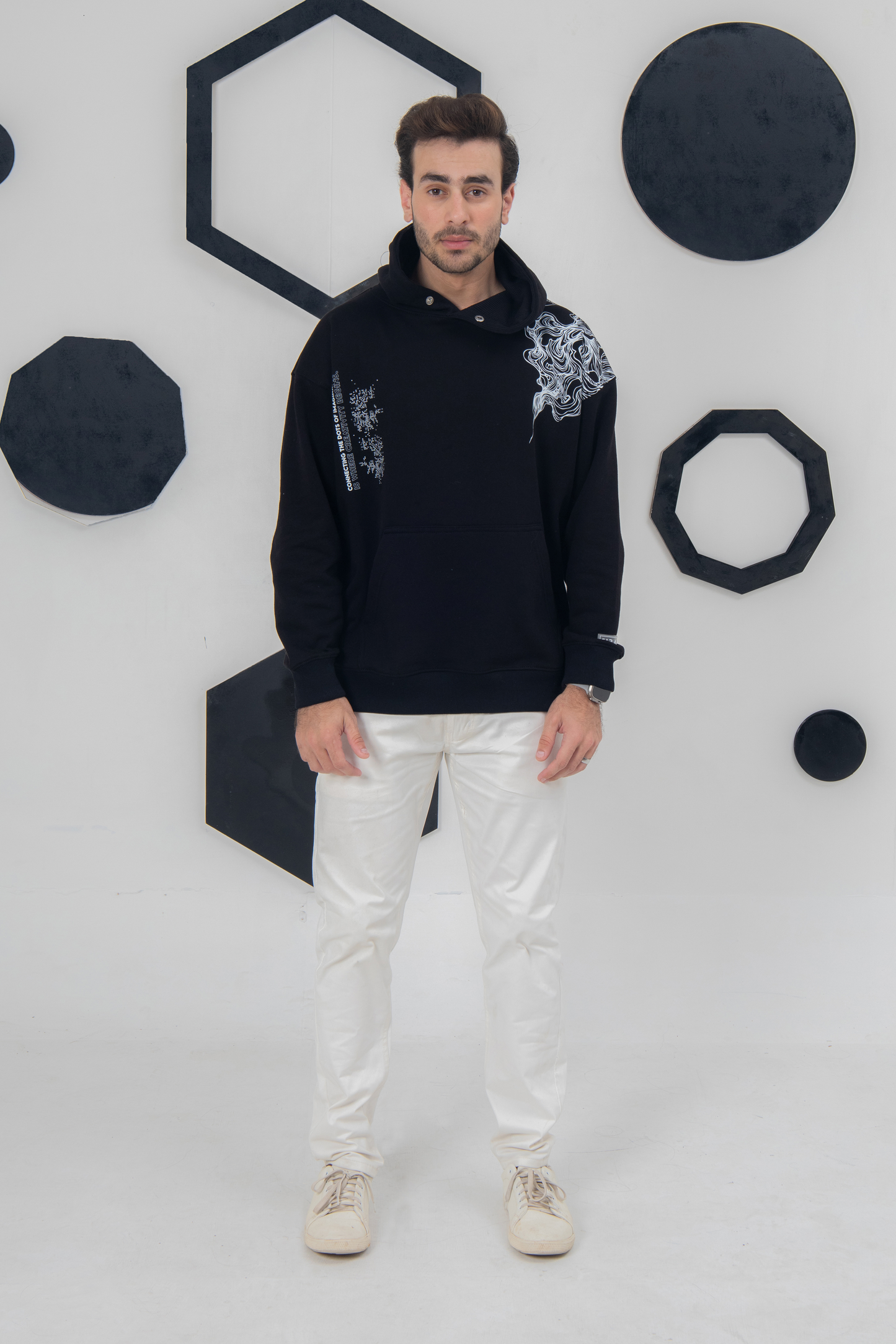 Creative black hoodie with smoky patterns, unisex and cozy fit