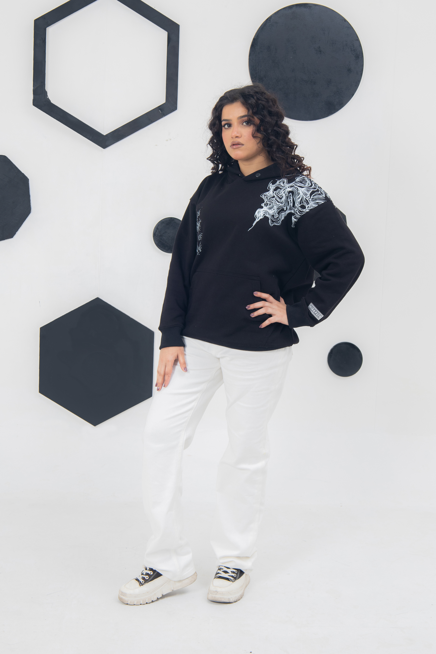 Artistic black hoodie, 320 GSM cotton fleece, oversized and cozy