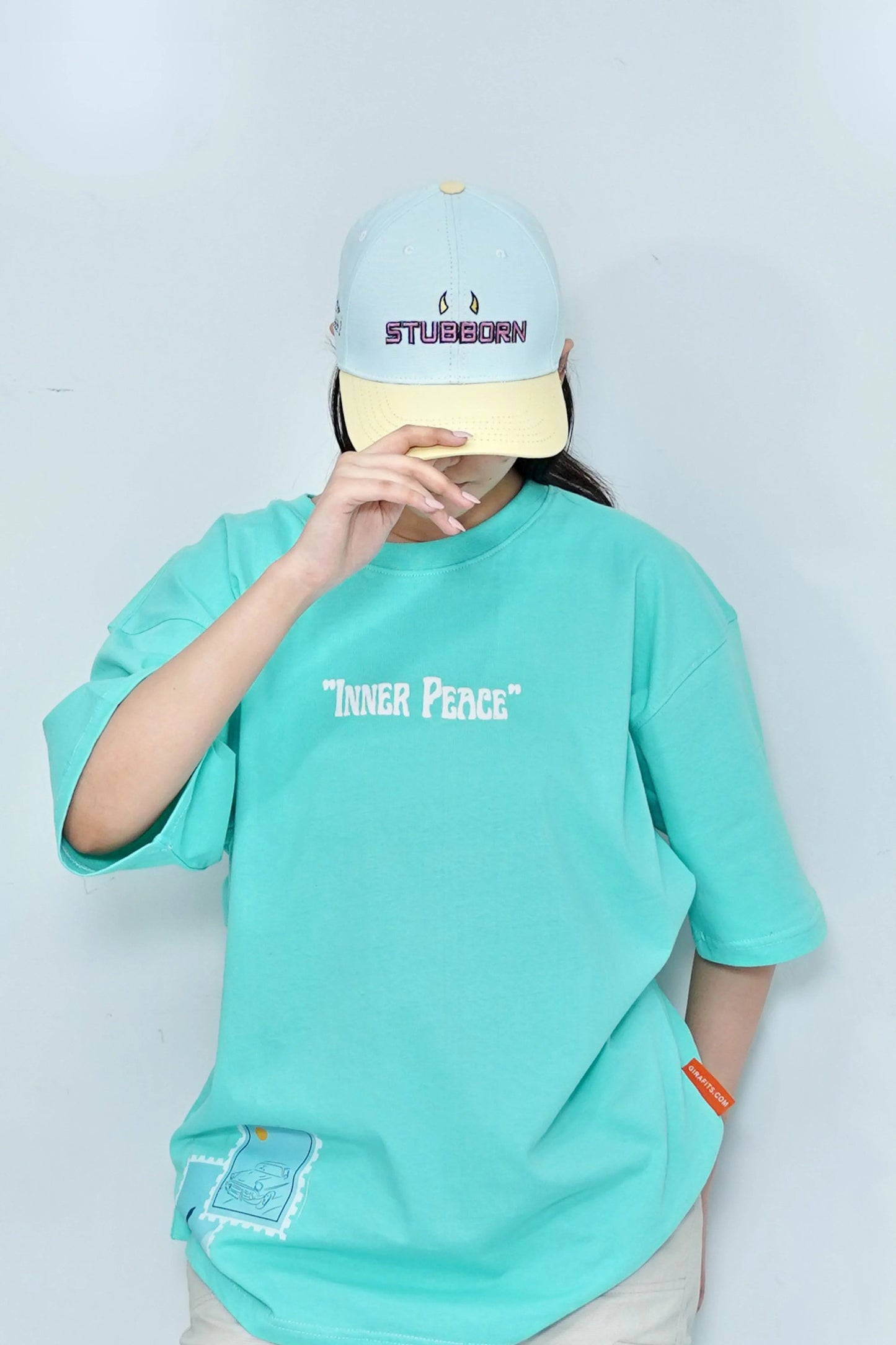 "Stubborn" embroidery on sky blue and lime color baseball cap