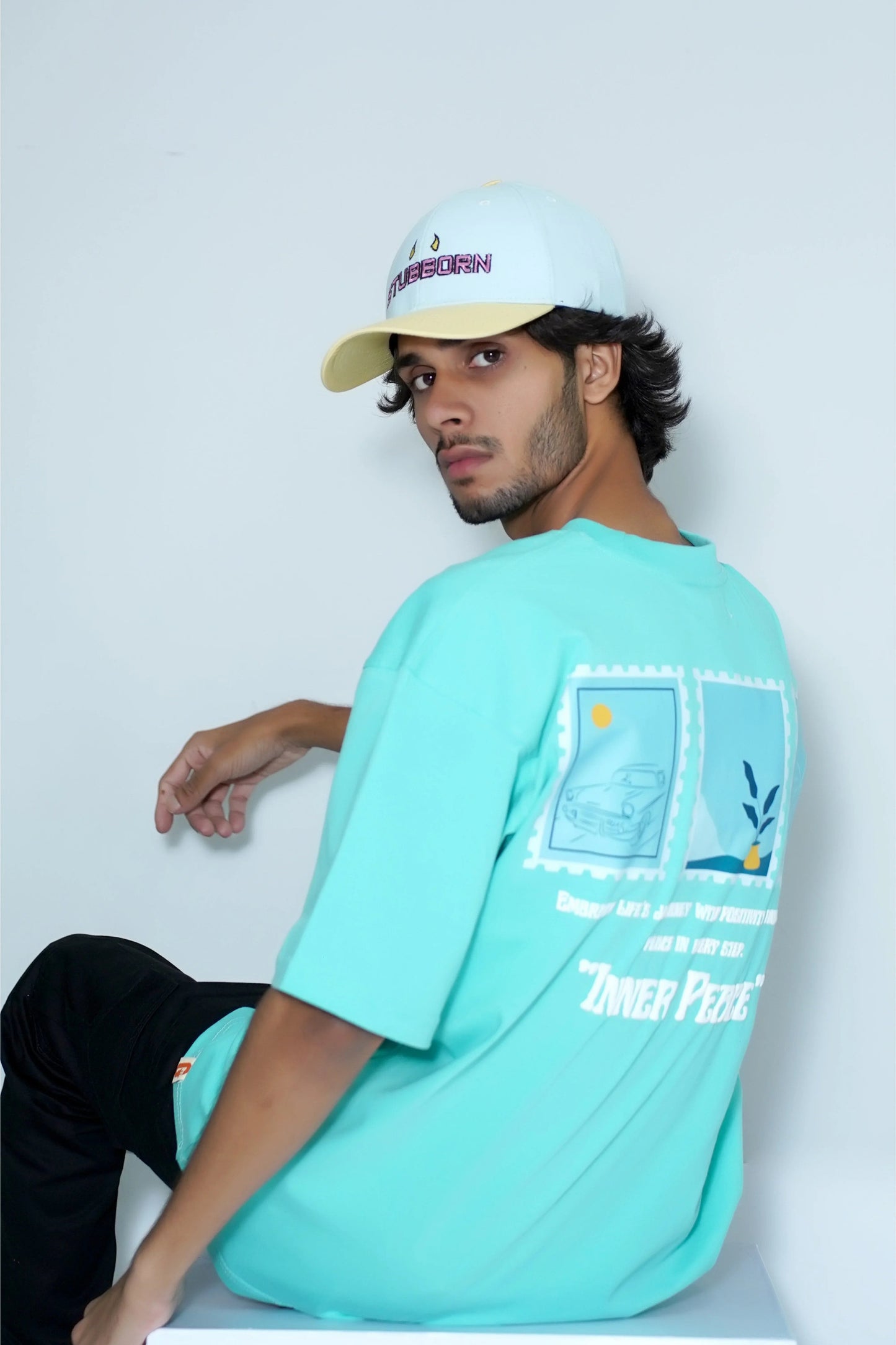 -"Stubborn" cap in sky blue and light yellow, premium packaging