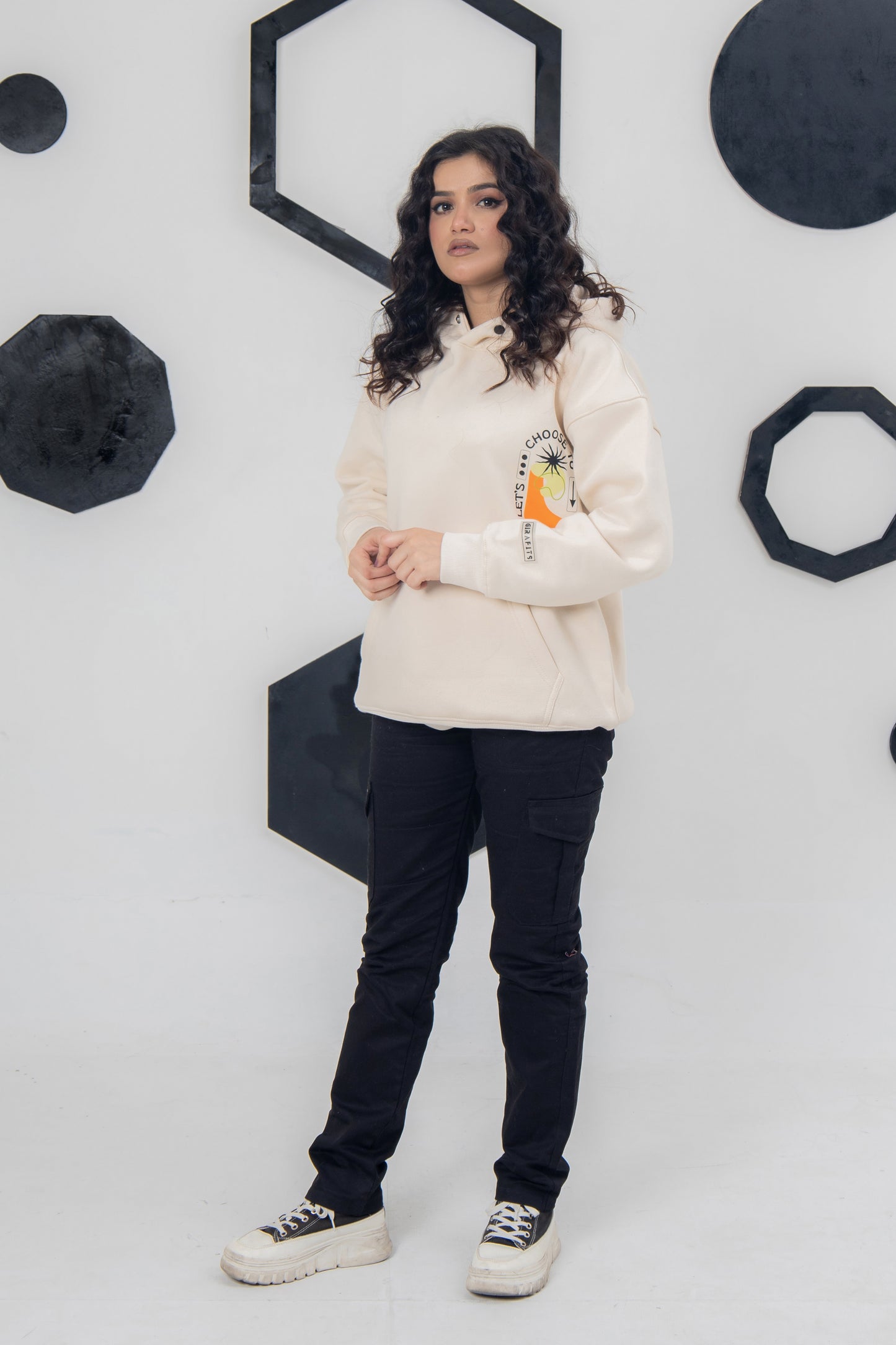 Oversized cream hoodie promoting kindness, super soft and cozy