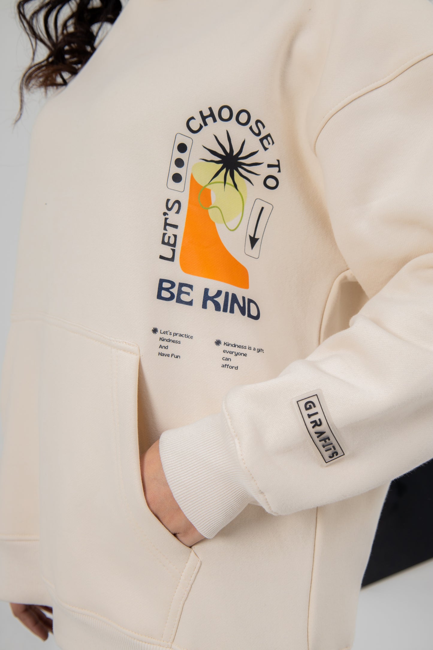 Be Kind hoodie in cream, front pouch pocket, premium fleece comfort