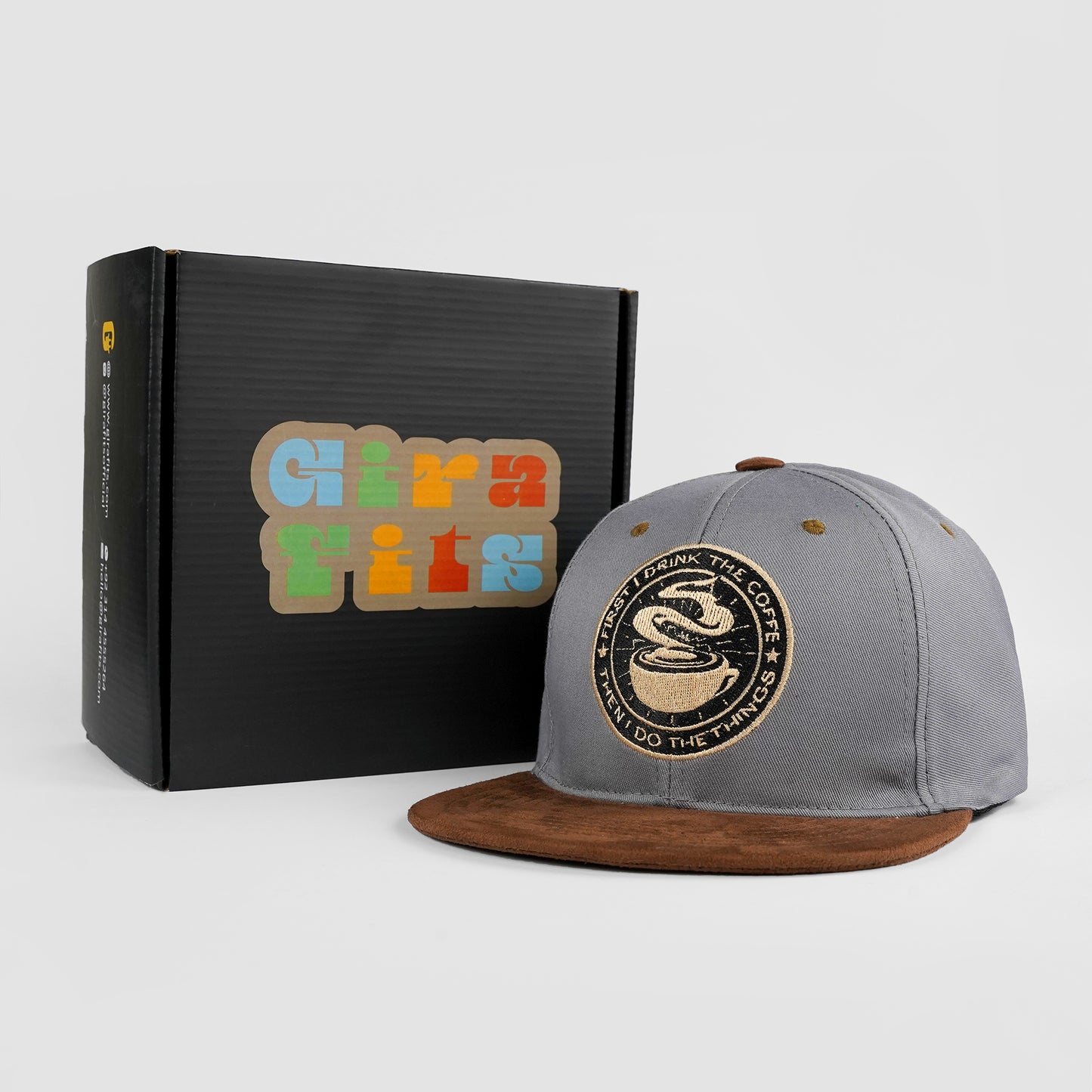 Gray and brown snapback with "Coffee Lover" premium embroidery
