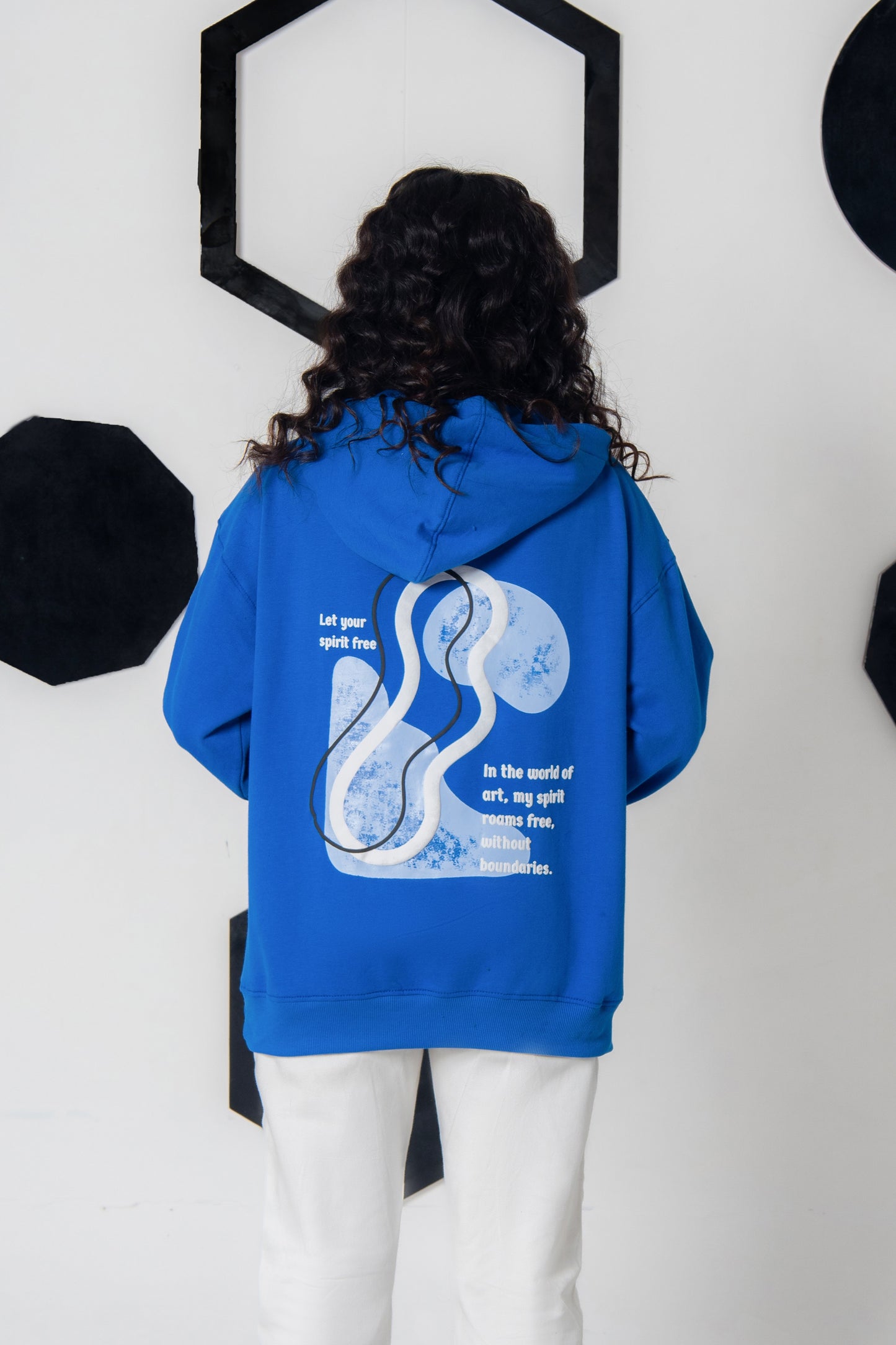 Free Spirit hoodie in royal blue, soft fleece, artistic puff design