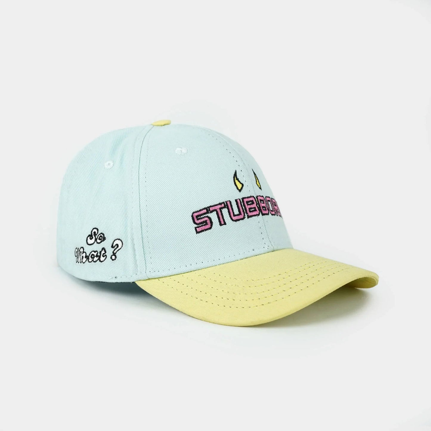 "Stubborn" cap in sky blue and light yellow, premium packaging