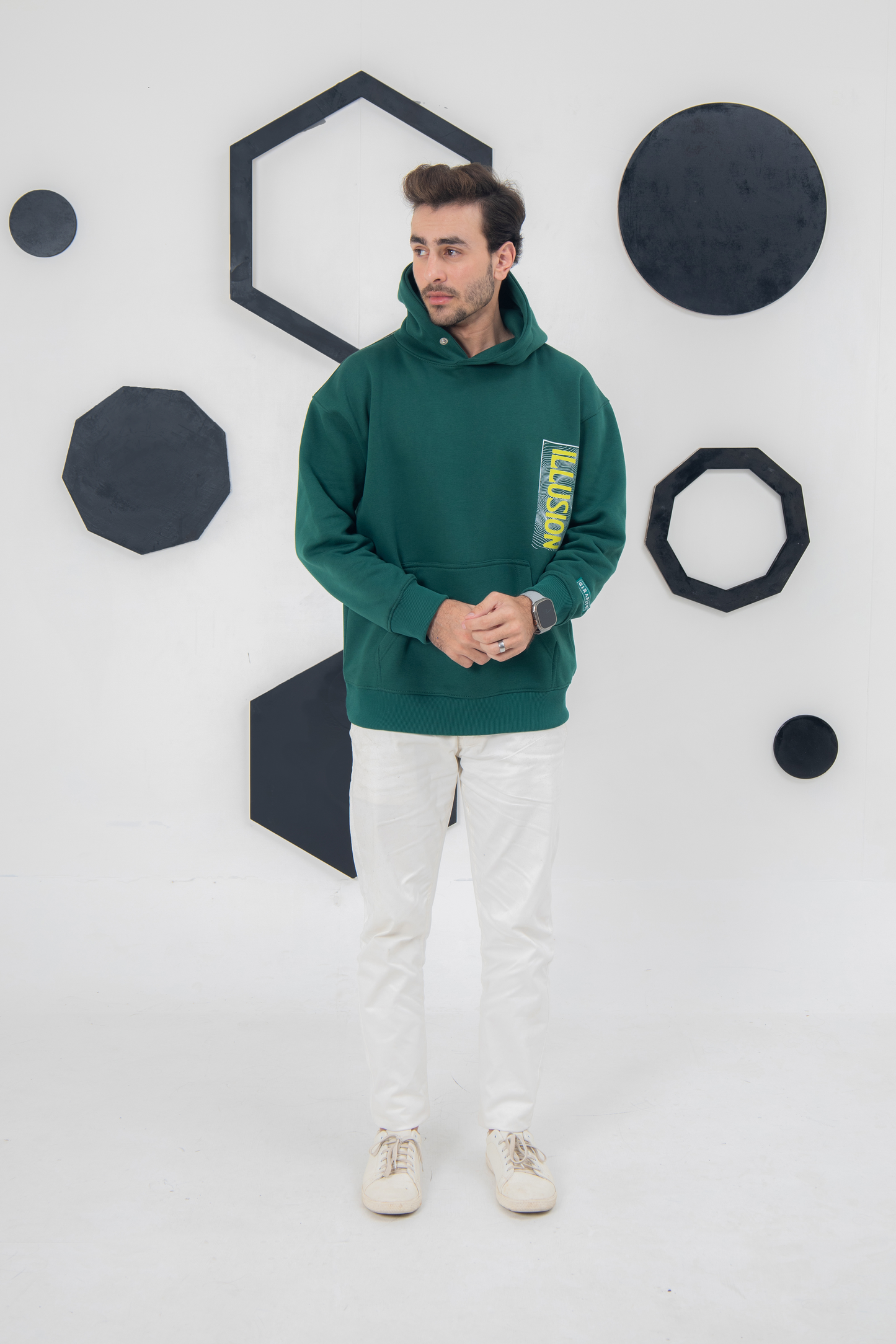 Oversized green hoodie with creative front and back print, soft cotton fleece