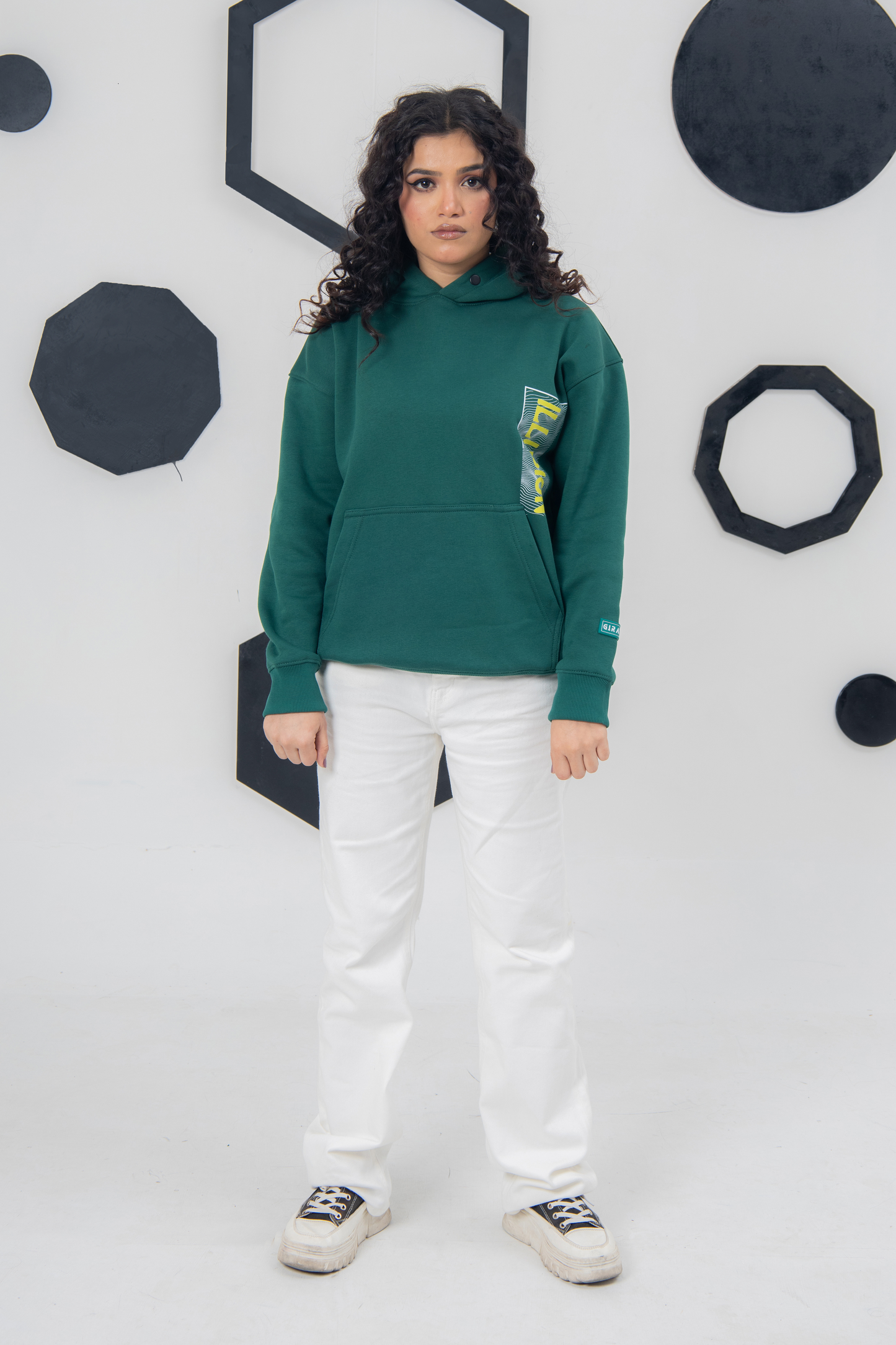 Green unisex hoodie with bold printed design, super soft 100% cotton fleece