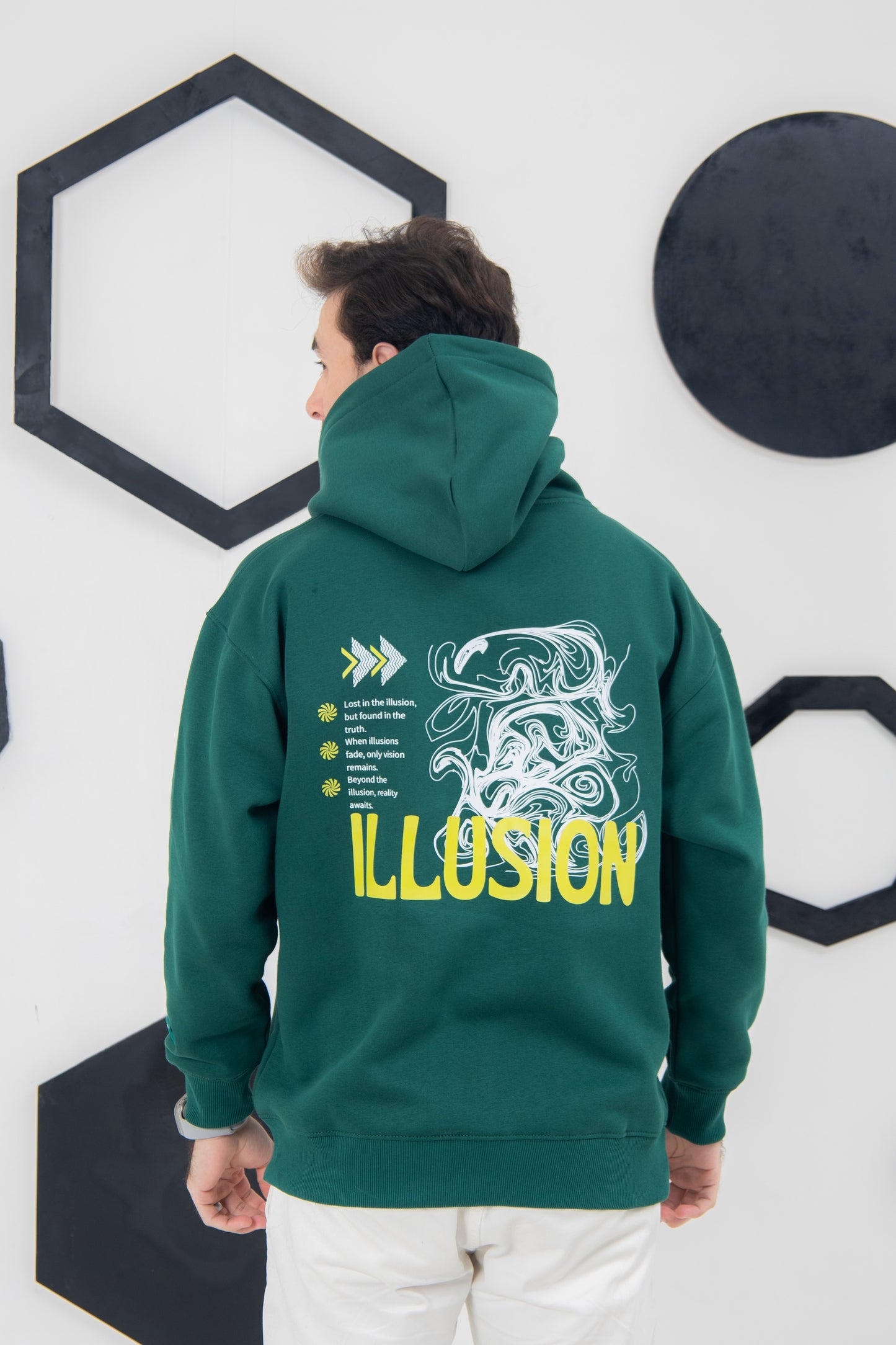 Illusion hoodie in green, oversized fit, printed artwork