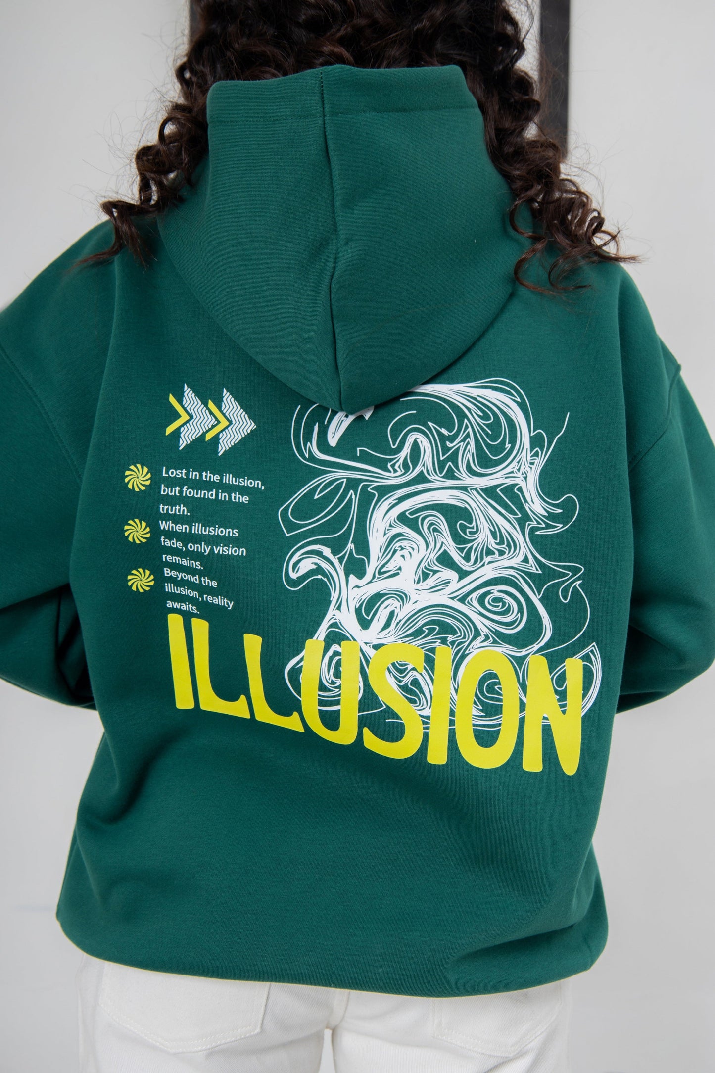 Green oversized hoodie with printed design, 100% cotton fleece, cozy unisex fit