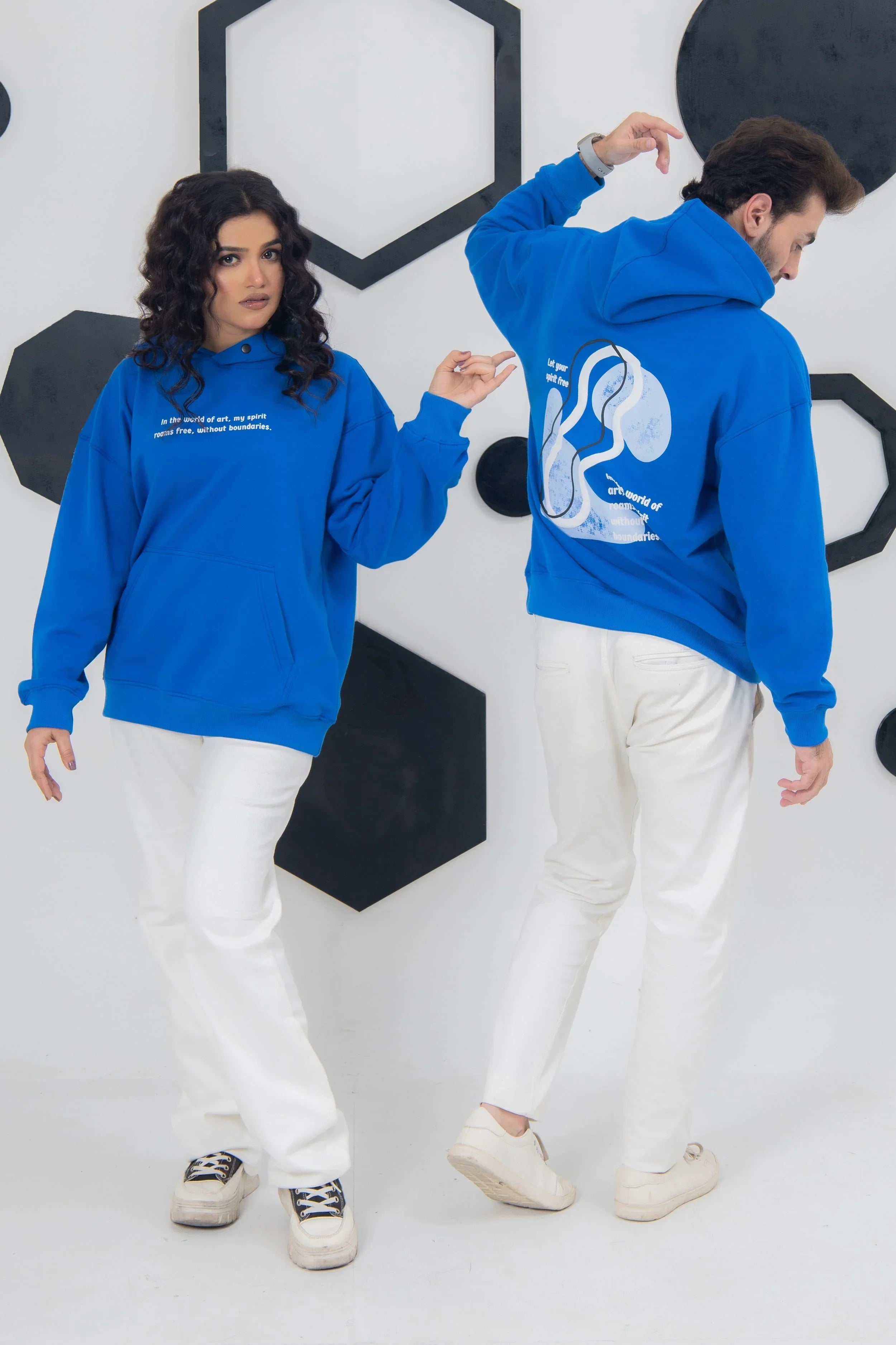 Royal blue hoodie with puff print, cotton fleece, unisex oversized fit