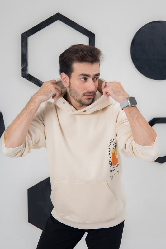 Cream hoodie with “Be Kind” message, soft cotton fleece