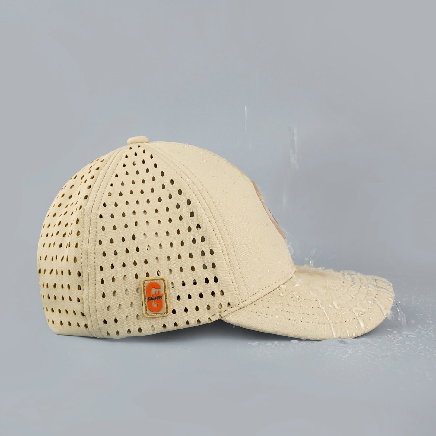 Beige cap with perforated design on a gray background