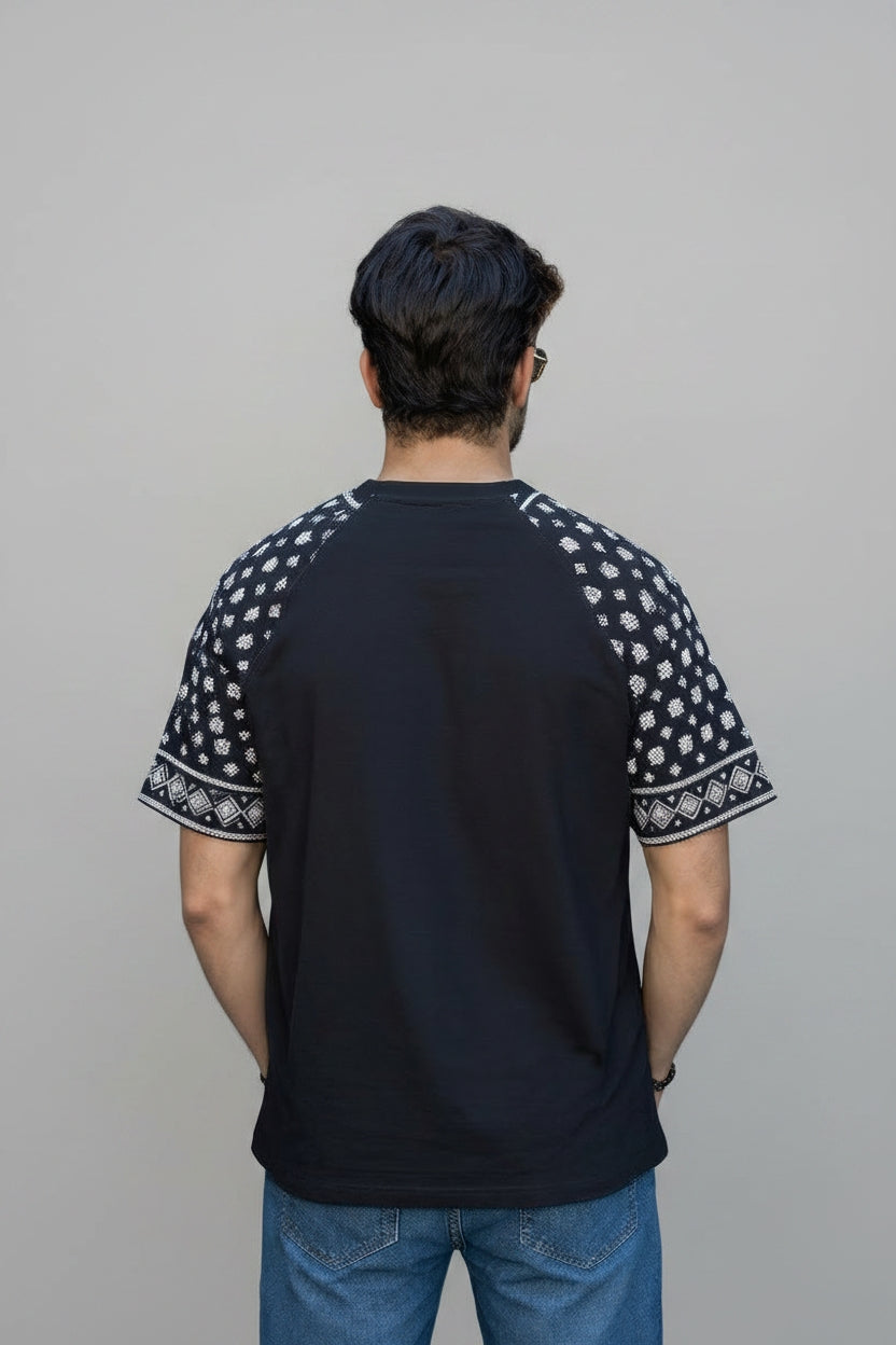 Against The Flow | Pattern Sleeve Black Oversized T-Shirt