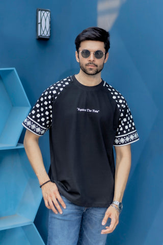 Against The Flow | Pattern Sleeve Black Oversized T-Shirt