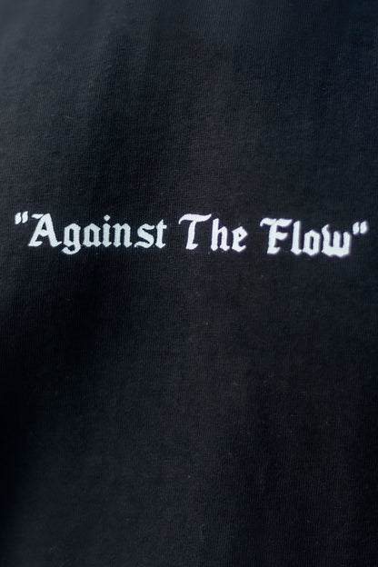 Black round neck streetwear t-shirt with chest text and 220 GSM fabric