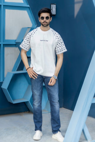 Against The Flow | Pattern Sleeve White Oversized T-Shirt