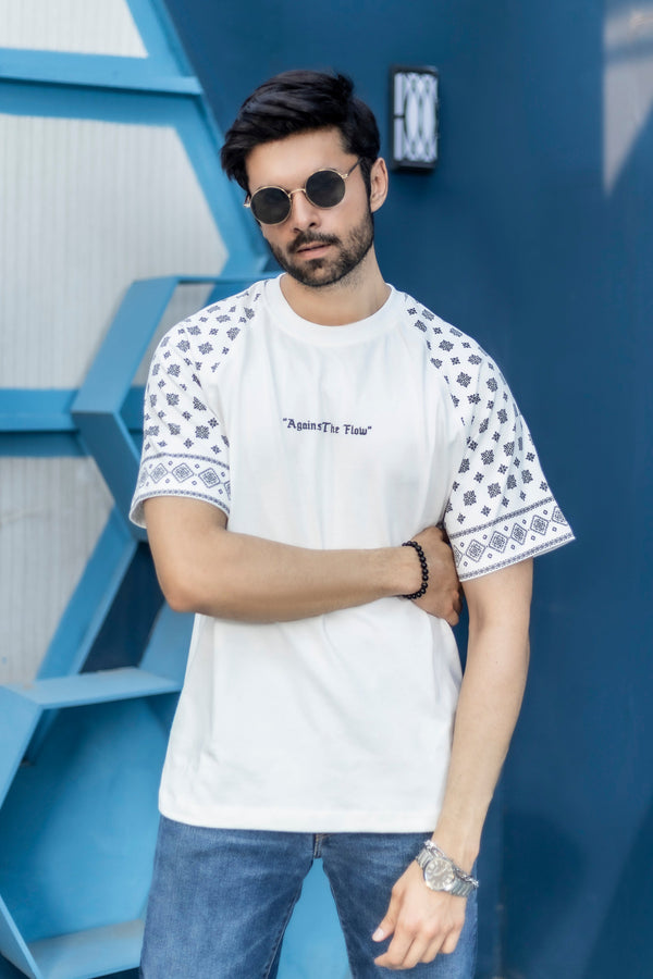 Against The Flow white oversized t-shirt with front and back streetwear design in 220 GSM cotton