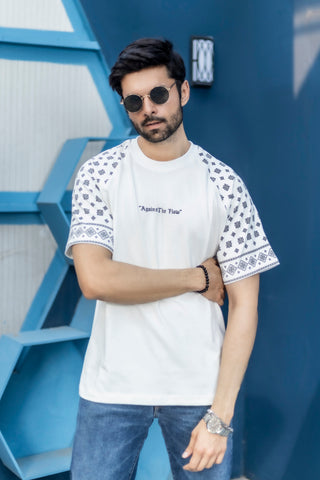 Against The Flow | Pattern Sleeve White Oversized T-Shirt