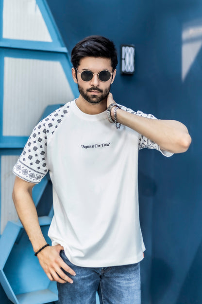 White oversized cotton t-shirt with graphic sleeves front back print and pattern sleeves