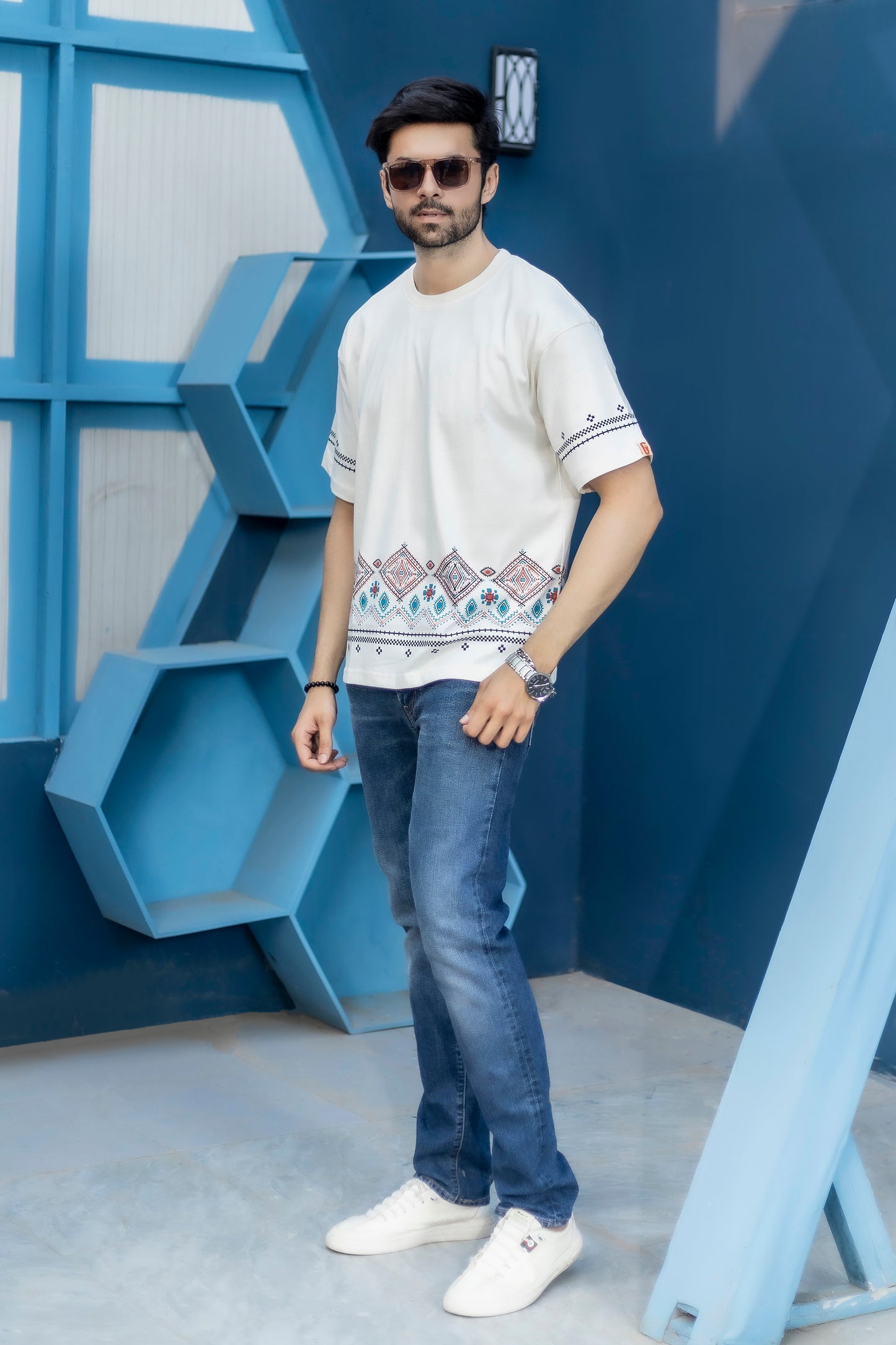Off white oversized streetwear tee with geometric border design and half sleeves