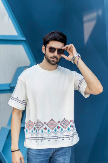 220 GSM white oversized tee with breathable jersey fabric and border artwork