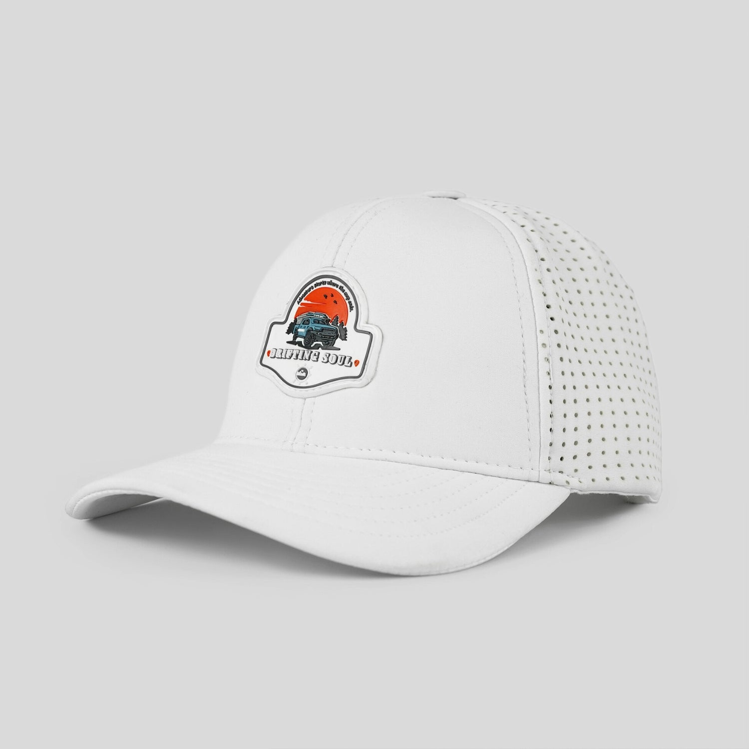 White baseball cap with a logo on a light gray background