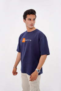 Navy blue cotton- spandex stretchable T-shirt featuring Girafits text embroidery