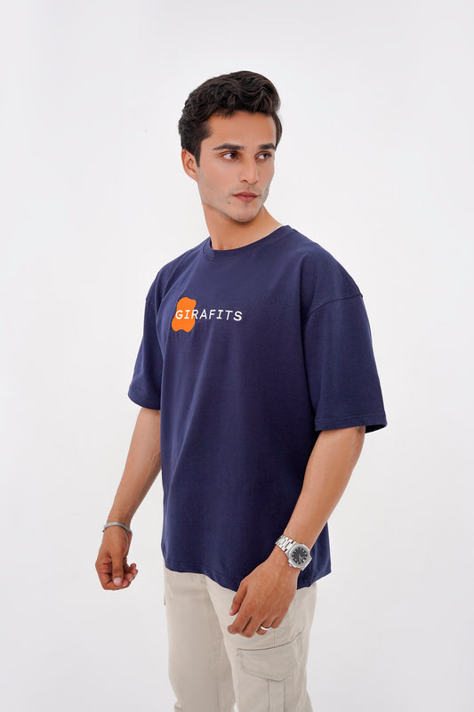 Navy blue cotton- spandex stretchable T-shirt featuring Girafits text embroidery