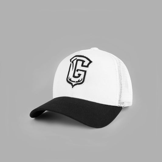 Black and white cap with a logo on a gray background