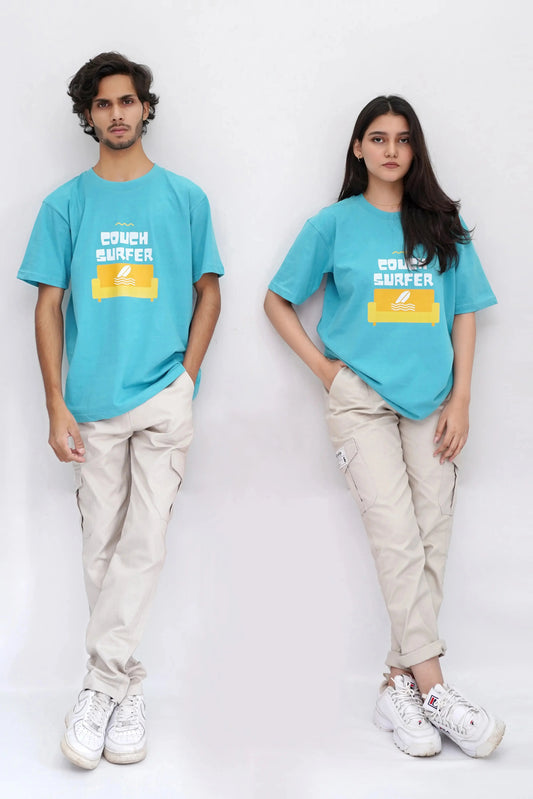 Two people wearing matching blue t-shirts with a graphic design on a white background
