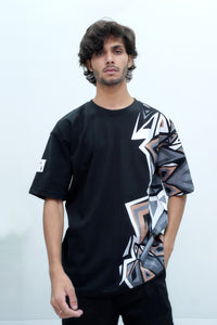 Black oversized t-shirt, abstract design front and back, 100% cotton