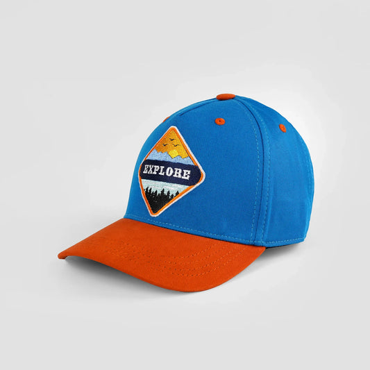 Dark blue and orange baseball cap with "Explorer" embroidered patch