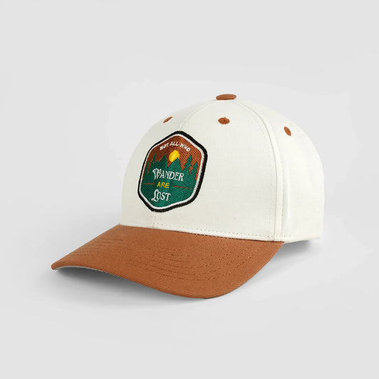 "Wanderer" embroidered cap in off-white and brown, 3D text
